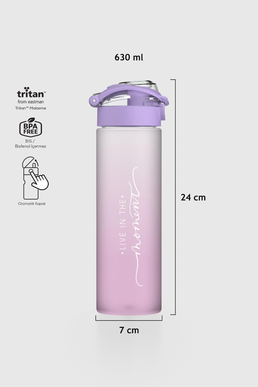 Renga Saga Moment Yazı Desenli 630 ml Mat Tritan Matara 912120 Mor