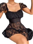 Arias Closet Alt Kısmı Tül Üst Kısmı Jarse Mini Fantazi Siyah Gecelik