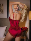 Arias Closet Bordo Dantel İşlemeli İnce Askılı Önden Bağlamalı Saten Şortlu Takım