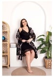 Arias Closet Büyük Beden Çiçek Desenli Dantel İşlemeli Siyah 2'li Gecelik Sabahlık Takımı