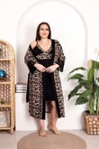 Arias Closet Büyük Beden Leopar Desenli Dantel İşlemeli 2'li Viskon Gecelik Sabahlık Takımı