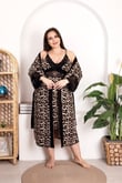 Arias Closet Büyük Beden Leopar Desenli Dantel İşlemeli 2'li Gecelik Sabahlık Takımı