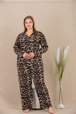 Arias Closet Büyük Beden Leopar Desenli Düğmeli Uzun Kol Viskon Pijama Takımı
