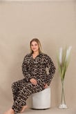 Arias Closet Büyük Beden Leopar Desenli Düğmeli Uzun Kol Viskon Pijama Takımı