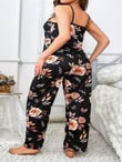 Arias Closet Büyük Beden Siyah Üstüne Çiçek Desenli İnce Askılı 2'li Pijama Takımı