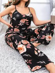 Arias Closet Büyük Beden Siyah Üstüne Çiçek Desenli İnce Askılı 2'li Pijama Takımı
