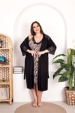 Arias Closet Büyük Beden Zebra Desenli Dantel İşlemeli 2'li Viskon Siyah Gecelik Sabahlık Takımı