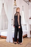 Arias Closet Dantelli ve Tüllü Uzun Kollu Önü Düğmeli Saten Pijama Takımı