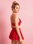 Arias Closet Kırmızı Dantel İşlemeli Kurdelalı Büstiyer Etek Takımı