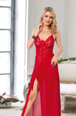 Arias Closet Kırmızı Dantel İşlemeli Yırtmaçlı Fantezi Uzun Gecelik
