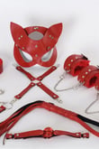 Arias Closet Kırmızı İçi Tüylü Maske,Kol,Bacak,Ağız Topu,Kırbaç,Tasma Harness Set