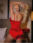 Arias Closet Kırmızı İnce Askılı Dantel İşlemeli Dekolteli Saten Şortlu Takım