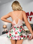 Arias Closet Özel Tasarım Gül Desenli İnce Askılı Dantel İşlemeli Mini Saten Gecelik