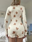 Arias Closet Pamuklu Ekru Ayıcık Desenli Düğmeli Tulum Pijama