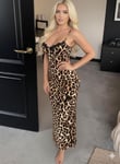 Arias Closet Pamuklu Leopar Desenli İnce Askılı Uzun Elbise