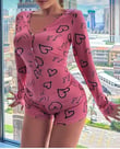 Arias Closet Pamuklu Pembe Siyah Kalp Desenli Düğmeli Uzun Kol Tulum Pijama