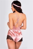 Arias Closet Pembe Dantelli Sırtı Çapraz Saten Şort Tulum