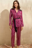 Arias Closet Saten Çizgili Düğmeli Uzun Kol Dantelli Gömlek ve Pantolon Pijama Takım (9765)