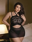 Arias Closet Siyah Dantel İşlemeli Göğüs Dekolteli Boyundan Bağlamalı Fantezi String Tül Gecelik Takımı