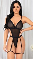 Arias Closet Siyah İp Detaylı Tül Fantezi Body