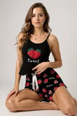 Çilek Baskılı Siyah Askılı Şortlu Pijama Takımı