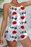 Love Desenli Beyaz Saten Şortlu Gecelik Takım