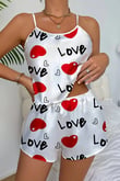 Love Desenli Beyaz Saten Şortlu Gecelik Takım