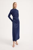 Lacivert Saten Drape Elbise