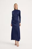 Lacivert Saten Drape Elbise