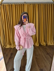 QULOVEYeni GelenlerAkra Pembe Keten Oversize Ceket