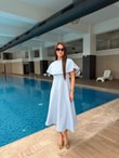 QULOVEElbiseBebe Mavisi Pelerinli ve Taşlı Elbise