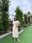 QULOVEYENİ GELENLERBej Brode Balon Kollu Büzgülü Elbise