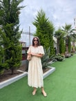 QULOVEYENİ GELENLERBej Brode Balon Kollu Büzgülü Elbise