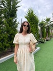 QULOVEYENİ GELENLERBej Brode Balon Kollu Büzgülü Elbise