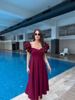 QULOVEYeni GelenlerBordo Kolları Balon Pileli Elbise