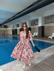 QULOVEYeni GelenlerÇiçek Desenli Kendinden Kemerli Pembe Elbise