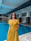 QULOVEYeni GelenlerHardal Belden Pileli Poplin Elbise