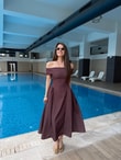 QULOVEYeni GelenlerKahve Puantiyeli Madonna Yaka Elbise