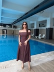 QULOVEYeni GelenlerKahve Puantiyeli Madonna Yaka Elbise