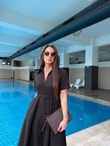 QULOVEYeni GelenlerKısa Kol Kahve Kemerli Elbise