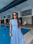 QULOVEYeni GelenlerMavi Belden Büzgülü Vatkalı Elbise