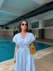 QULOVEYeni GelenlerMavi Belden Pileli Poplin Elbise