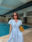 QULOVEYeni GelenlerMavi Belden Pileli Poplin Elbise