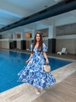 QULOVEYeni GelenlerMavi Beyaz Kare Yaka Elbise