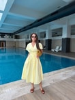 QULOVEYeni GelenlerSarı Belden Pileli Poplin Elbise