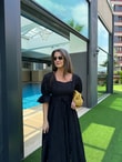QULOVEYENİ GELENLERSiyah Kol Lastikli Güpürlü Brode Elbise