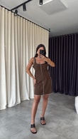 Kahve Kontrast Dikişli Mini Elbise