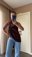 Kahve  Ruanda Saten Bluz 
