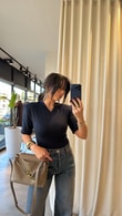 Siyah Vatkalı Çıtçıtlı Bodysuit