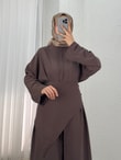Adanur Pelerinli Tuniği Uzun Pantolonlu Takım-BN4684 Kahve